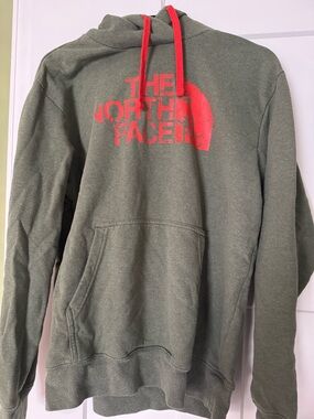 The North Face Olive Green Pullover Hoodie with Orange Logo & Drawcords